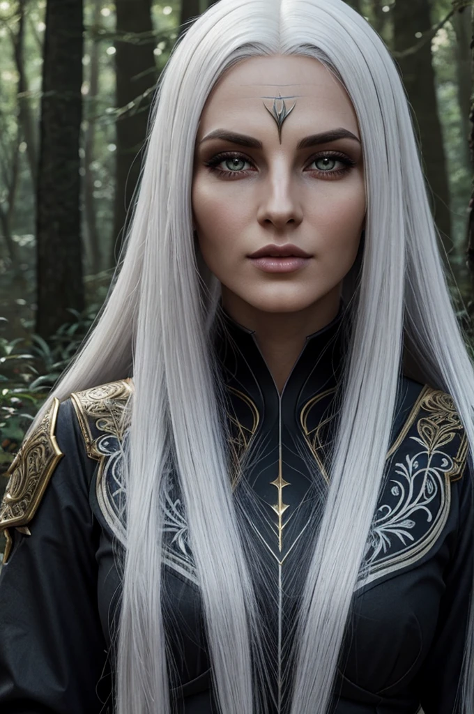 female dark elf, long straight white hair, ultra detailed face and eyes, hyperrealistic, realistic depiction, 30 years old, standing in a forest, pretty face