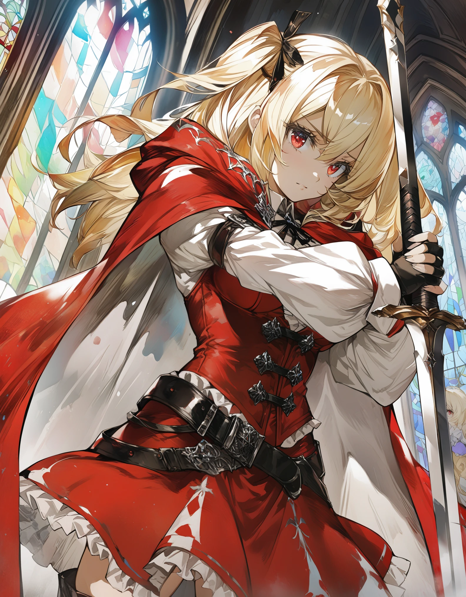 1girl, solo, cowboy shot, white shirts, red long cape cloak, red corset, frills red skirt, black fingerless gloves, knee boots, blonde, two side up, red eye, (holding a sword), highest quality, 8K ultra-high resolution:1.4, beautiful detailed eyes, ultra-detailed, 
Anime Girls, dutch angle, acrobatic pose, Gloomy painting style, church, stained glass
Score_9,Score_8,score_7_up,source_anime, rating_questionable,