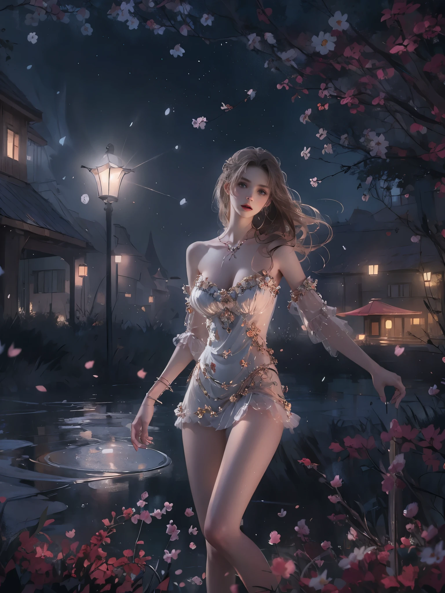 dress, bouffont dress, transparent long sleeves, daisies, cherry, ((cowboy shot)), ((Hyperrealistic portrait of a slender)), ((natural breasts, large breasts)), sexy woman , Beautiful dance posture, Sexy long legs, one hand up the skirt, Full breasts, visible cleavage, night, dramatic moonlight illumination, pale skin glistening with droplets, long wet hair flowing, delicate facial features, high cheekbones, full lips, intense eyes, fine eyelashes, thin eyebrows, elegant neck, bare shoulders, collarbone visible, toned arms, slender waist, curvy hips, long shapely legs correctly proportioned, smooth skin texture, starry night sky reflected, mist hovering over water surface, 8k resolution, photorealistic detail, cinematic lighting, volumetric fog, ray tracing, subsurface scattering, high dynamic range