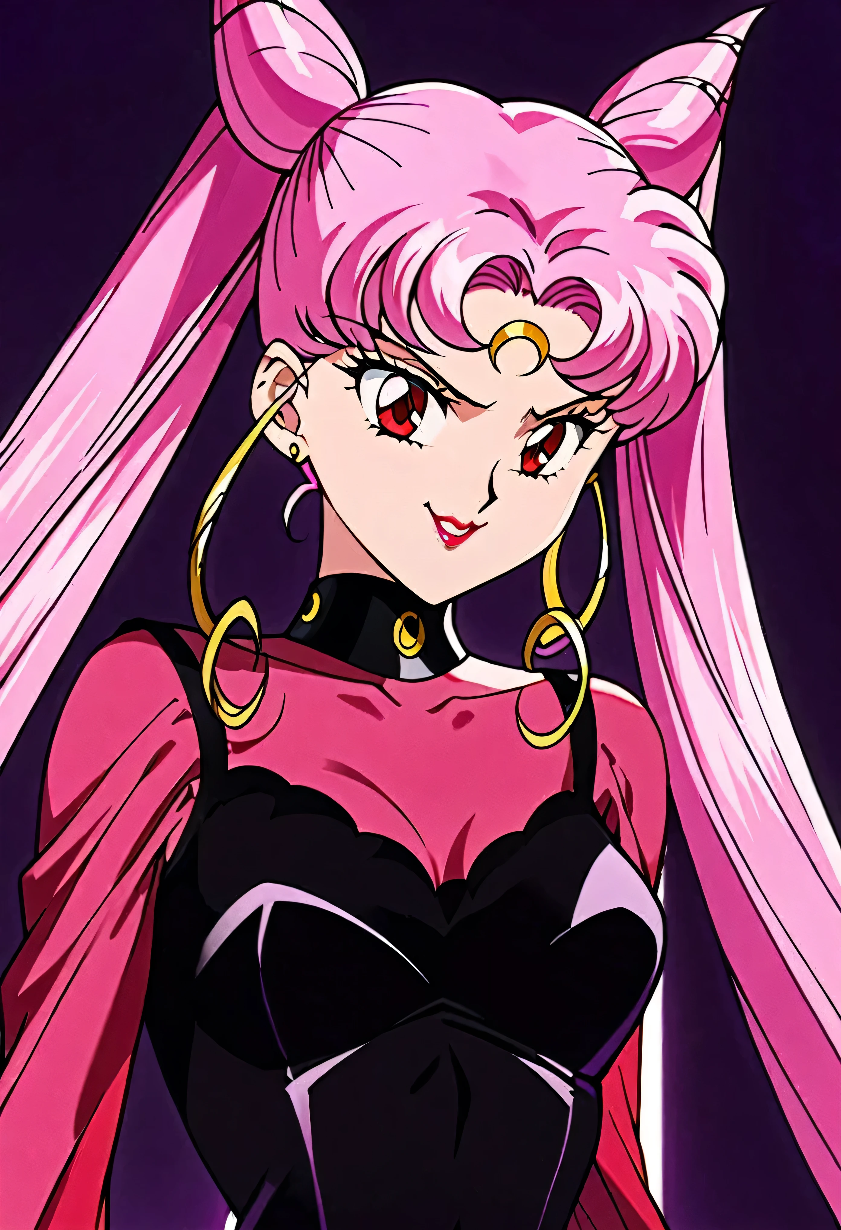 Wicked Lady from Sailor Moon, Pink Hair, Red eyes, , Black crescent moon mark on forehead, evil smile,beautiful body,shaded face(eyes in  shadow),((masterpiece,best quality)), absurd,black dress,upper body,beautiful face,,looking down at viewer,twintail,black and purple background,