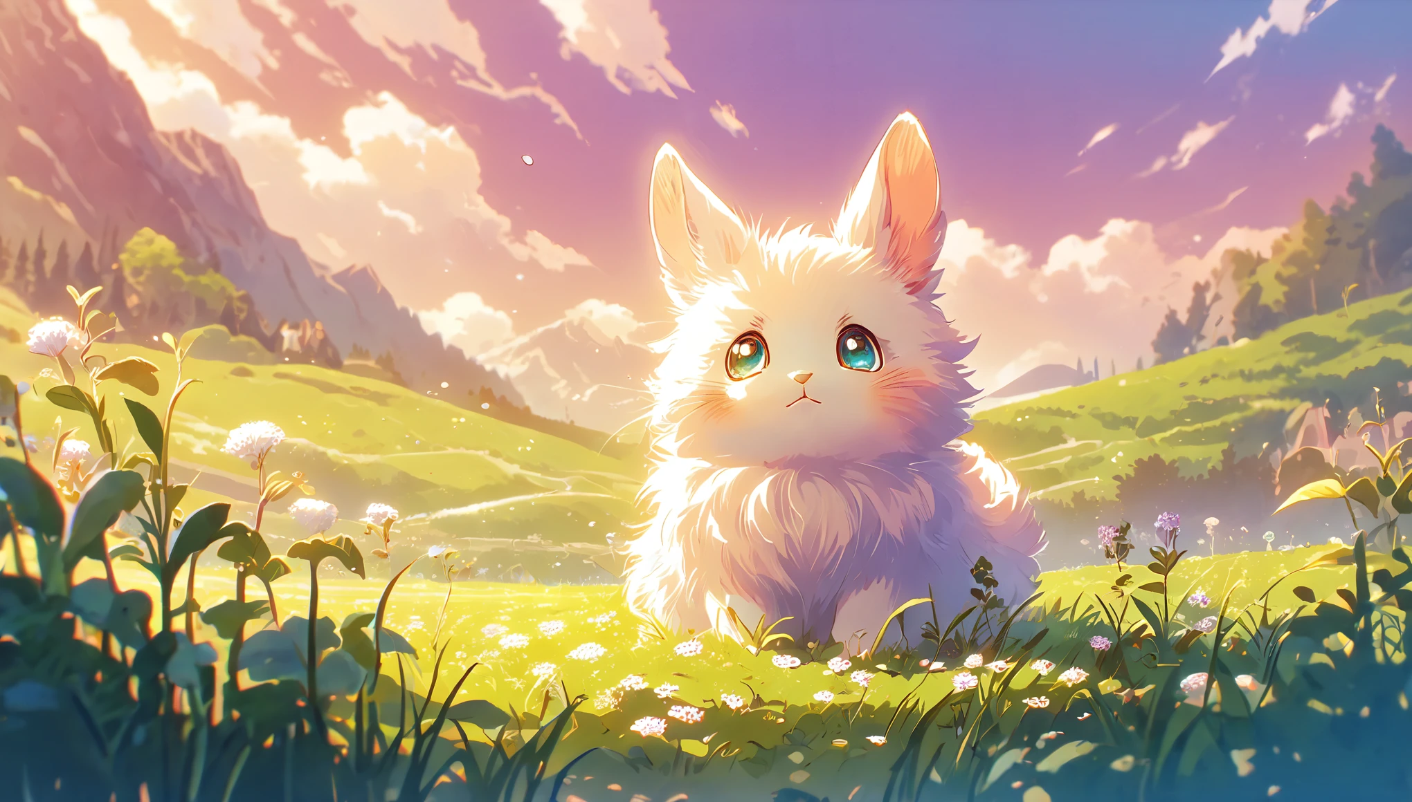 Create a close-up, animated illustration of a fluffy baby bunny sitting in a field of clover. Emphasize the soft fur, big eyes, and twitching nose of the bunny. The background should be a gentle blur of greenery, highlighting the cuteness and innocence of the baby bunny, by makoto shinkai, anime beautiful peace scene, beautiful anime scene, anime background art, anime landscape wallpaper, anime countryside landscape, anime art wallpaper 4 k, anime art wallpaper 4k, beautiful anime scenery, anime art wallpaper 8 k, amazing wallpaper , Ultrawide cozy