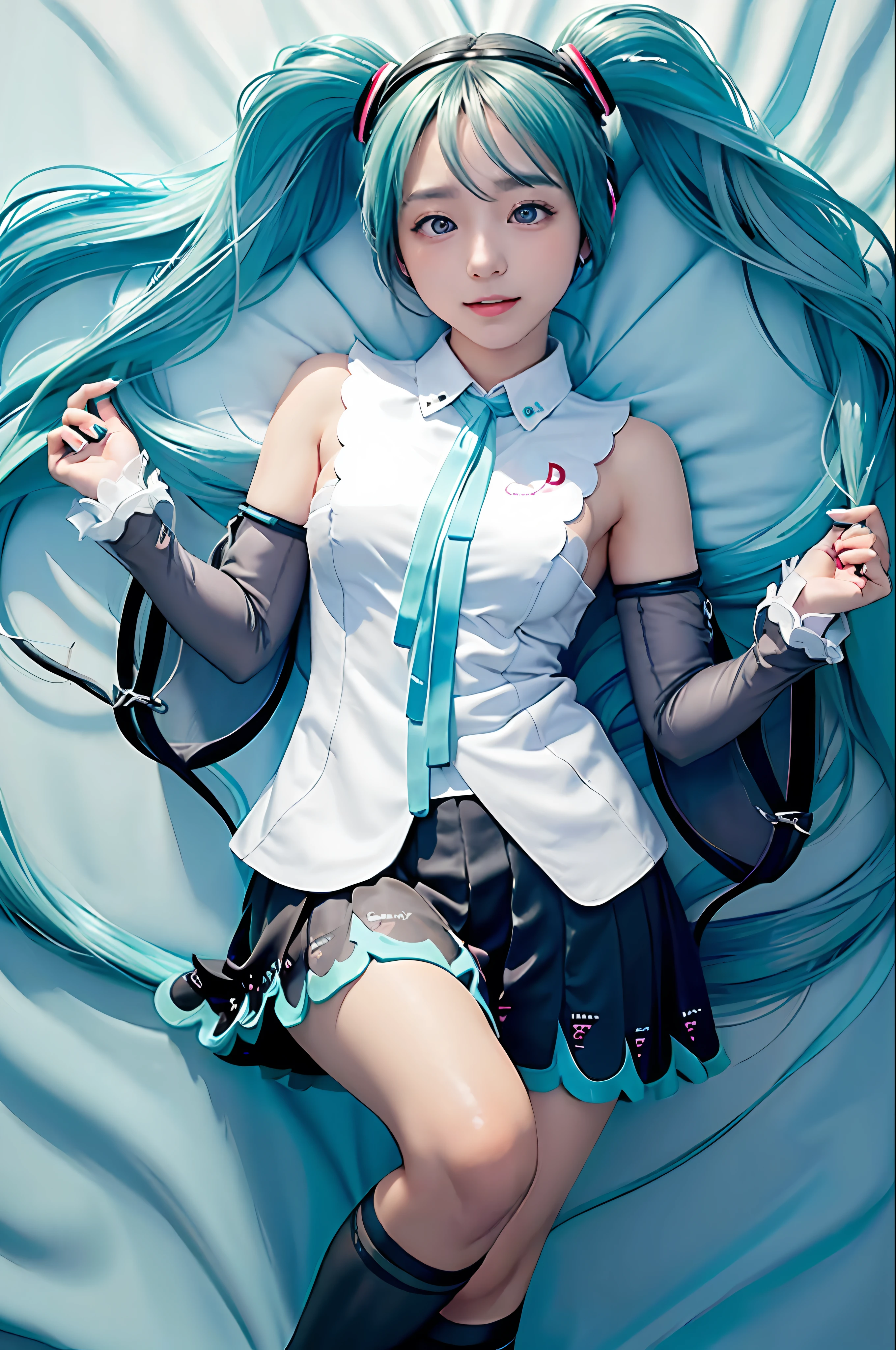 Hatsune Miku's uniform、Photorealistic, High resolution, One huge breasted girl, Korean, Eyes with heterochromia, Small mole under eye,but、bed sheet、Hatsune Miku、 Large Breasts、sleep、