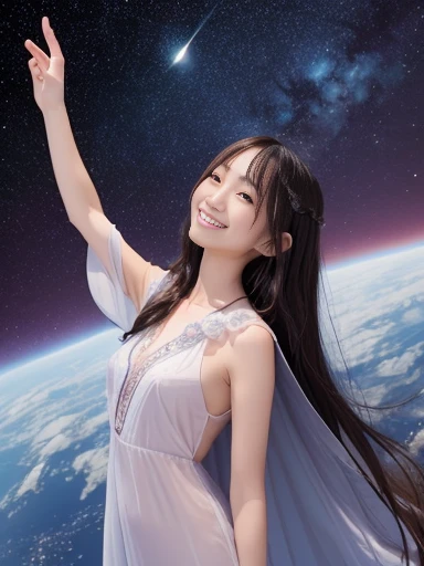 Japanese female, a lot of details, (underweight), 30 years old, detailed black hair, beautiful detailed hair, super fucking beautiful, delicate beautiful face, complex details beautiful and delicate eyes, perfect hands, (flat chest best quality:1.5), perfect and delicate limbs, detailed skin, best quality, ultra-detailed,(cheerful grin:1.5),
Saturn, happy, sitting, flying, (Spacesuit:1.2), universe, with a comet, cowboy shot, dutch angle shot