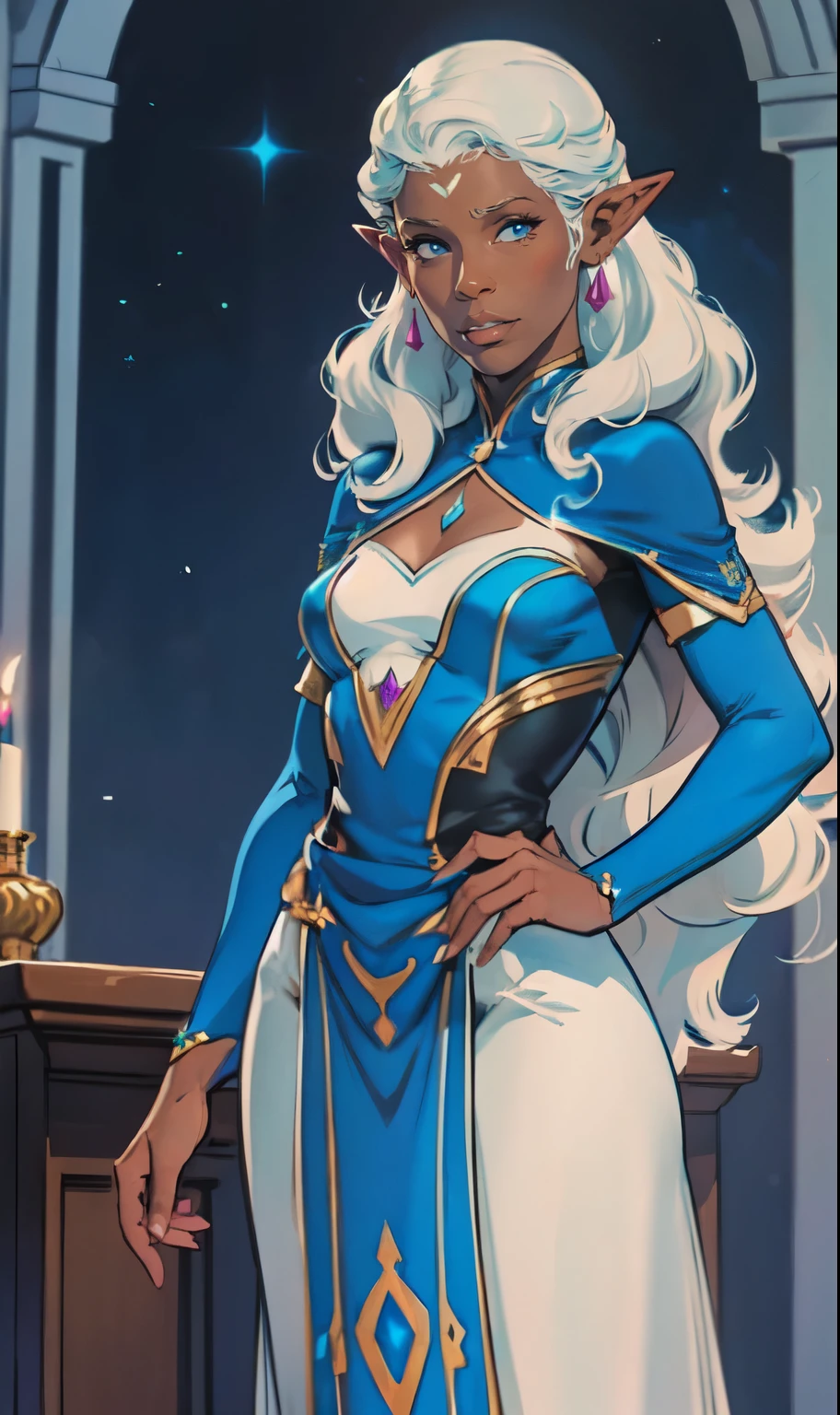 Princess Allura, blue eyes, white hair, pointed ears, dark skin, dark-skinned woman, facial markings, elf, dark elf, jewelry, earrings, loose hair, in a tight blue dress, expressive breasts, high-tech castle on the background, looks at the viewer, cowboy shot, solo, Dutch angle, hd