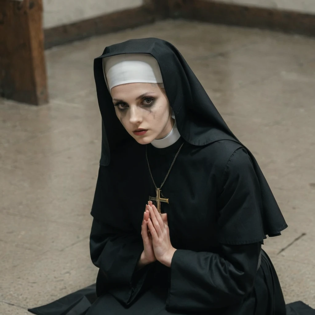 young, ite, wet makeup, running makeup, perfecteyes, ((nervous, afraid)), high-angle close-up photograph of a skinny 1 catholic nun wearing a black habit kneeling on the ground, indoors, looking at viewer, RAW photo, high res, 8k, ultra detailed