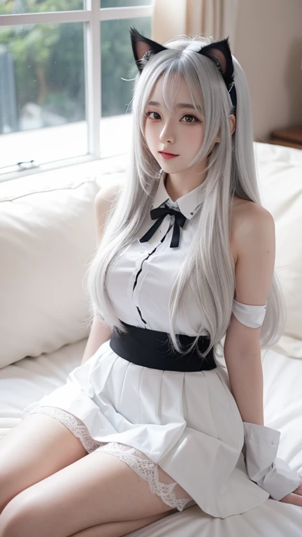 White hair, twintails, underwear, small breasts, uniform, naked