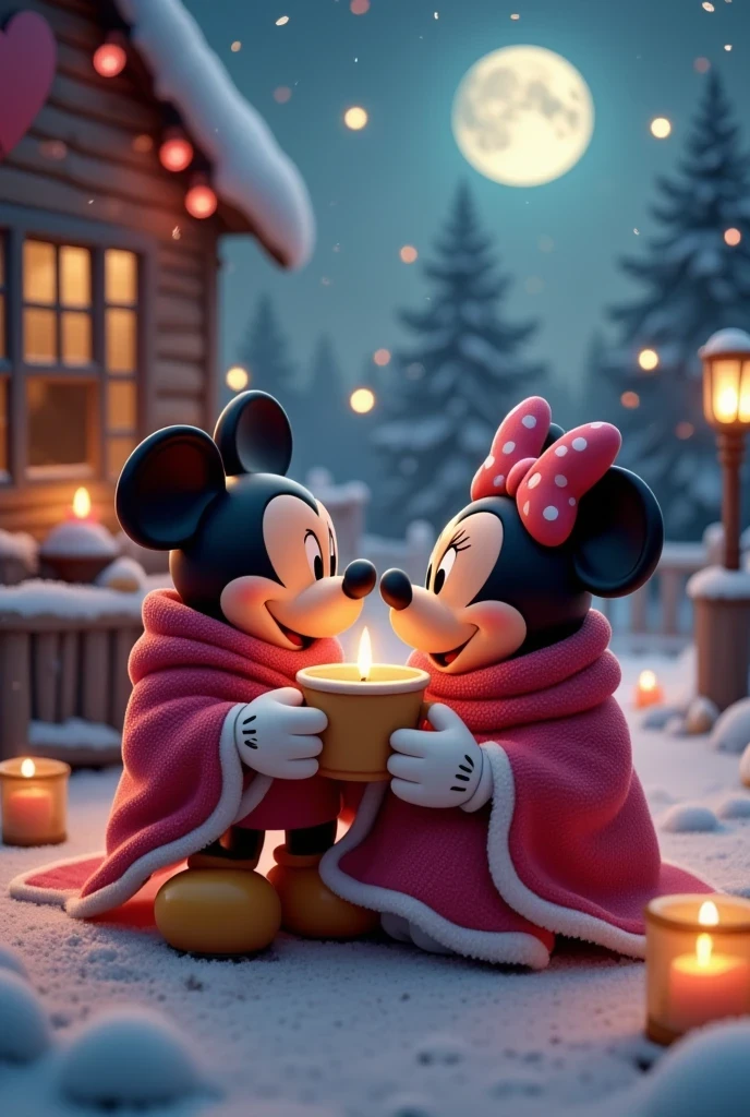 3d render,
valentines day, handmade, tranquil, candles, mickey and minnie mouse, charming bed and breakfast, sharing a warm blanket and hot cocoa on a snowy evening, moonlit 
Upper body shot,
fish-eye lens, 
phthalo turquoise and hotpink hues,  
masterpiece, 4k, dramatic