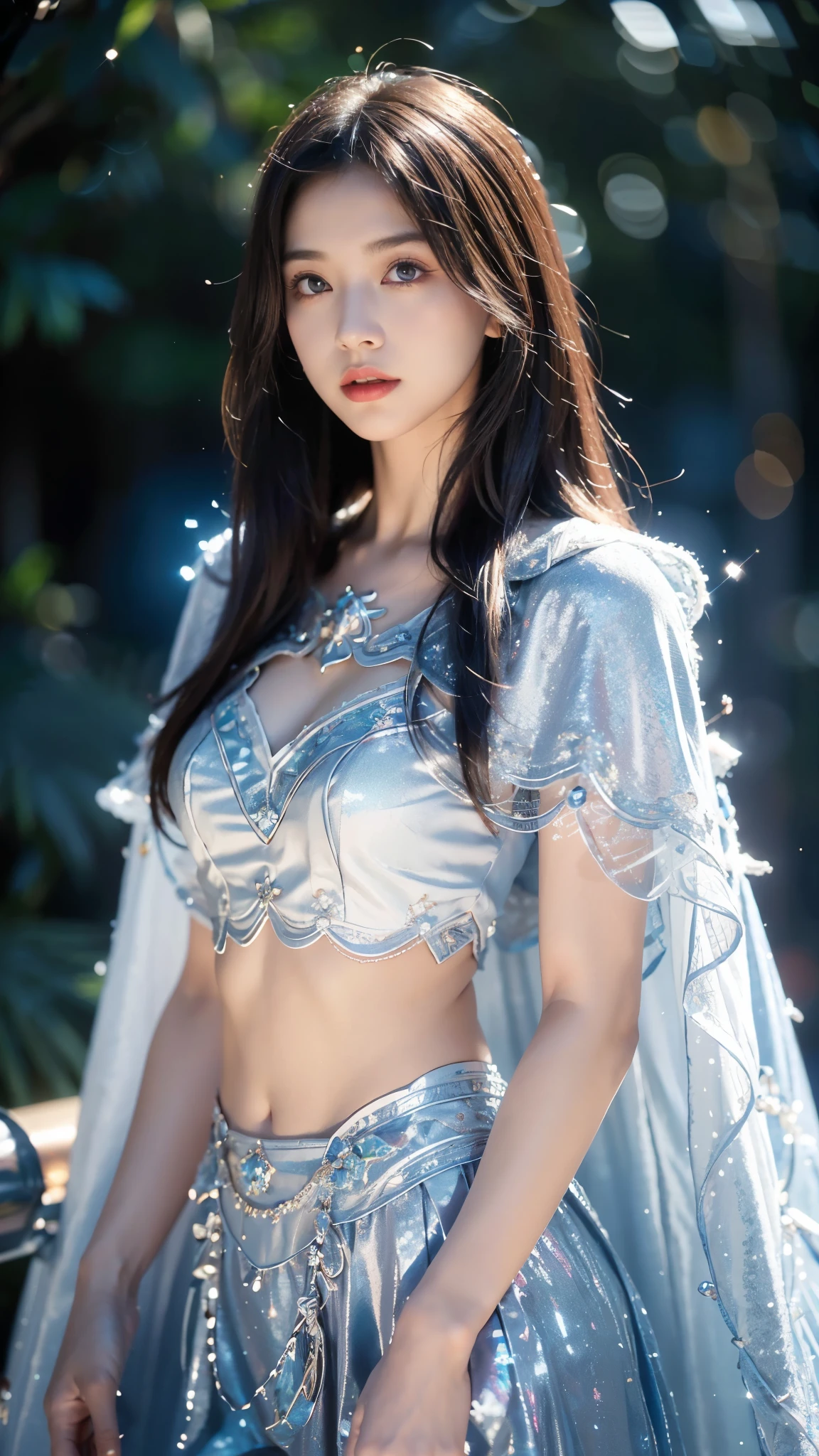 (RAW photo, best quality, masterpiece, ultra-detailed, high res), (realistic),(extremely delicate and beautiful:1), mesmerizing picture of beautiful girl with long black hair,, wearing a long silver satin cape tied at the neck with a ribbon , silver leotard and short skirt , highly detailed, extremely high-resolution details, photographic, realism pushed to extreme, fine texture, 4k, ultra-detailed, high quality, high contrast