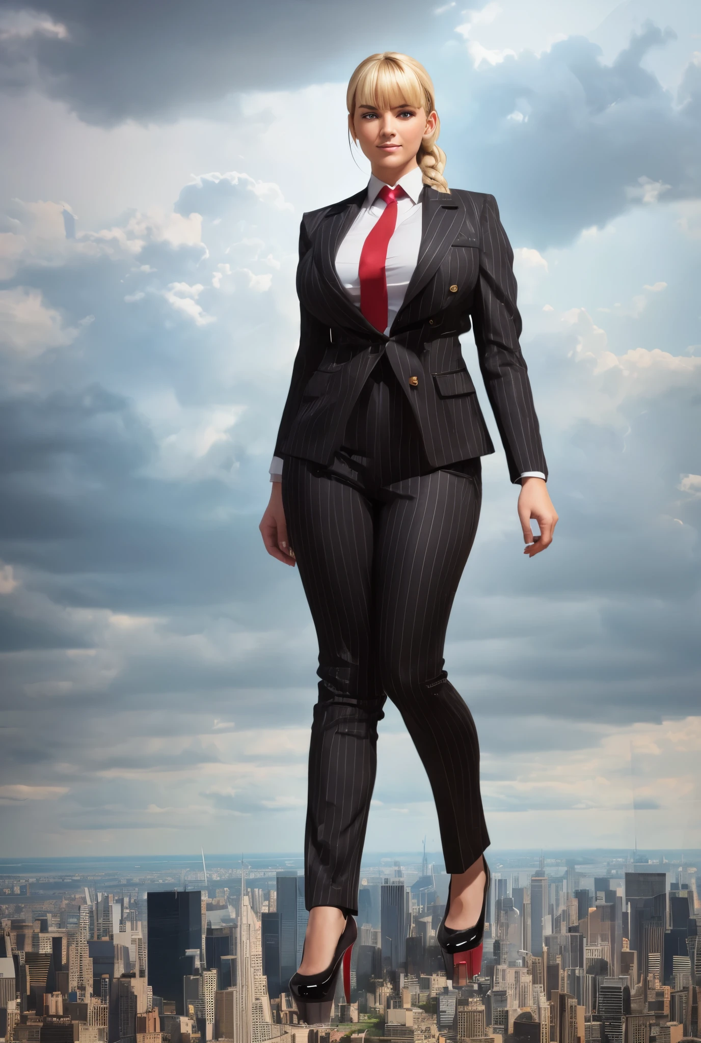 Young adult women beautiful curves a massive thighs blonde hair in a fishtail braid, lipstick wearing a perfect perfect tailored grey pinstriped trouser suit and blazer, crisp white shirt and large broad yellow windsor knot tie,colossal breasts. Platform high heels , standing, giantess art, tie clip, highly detailed giantess shots, giantess, most detailed, perfect face, Two legs, Five fingers, short hair, A girl who is bigger than a skyscraper, standing on very small city new york, skyscarpers at their feet, skyscrapers small, smile, huge breasts, major metropolis, numerous cities, , A very small big city, Miniature metropolis, Full body description, GTS, giga giantess, gigagts, stomping city, crash city, tiny city, micro city, , High resolution, highest quality, masterpiece,  tiny destroyed skyscrapers city, illustration, skyscrapers size of small toys standing behind and very far away from city, (masterpiece, best quality, best shadows, best shading, perfect hands, perfect face, cinematic lighting, colorful, ultra-detailed, beautiful photography, character focus, extremely-detailed, photorealistic, hyper photorealism, atmospheric), ), (giantess, stereotypical office boss), (dirty, filthy, unwashed, sweaty, unkempt, happy, tired, exhausted, annoyed), ((walking, mid stride:1.2, stepping down on:1.2, stomping, crush, rampage)), (black patent Louboutin rounded toe pumps, high heels, platform heels), ((,)), ((long ponytail hair with front bangs)), (high altitude photography, satellite view), (curvy, , heaving bosom, legs), (mega city, urban sprawl, and small towns, buildings, roads), (((cloudy, overcast, clouds and atmosphere partly obscuring the subject:1.2, hazy atmosphere, haze in foreground, wispy clouds))) footprints warzone 