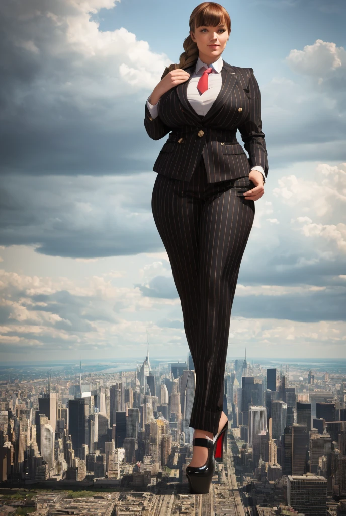 Young adult women beautiful curves a massive thighs ginger hair in a long fishtail braid, lipstick wearing a perfect perfect tailored grey pinstriped trouser suit and blazer, crisp white shirt and large broad yellow windsor knot tie,colossal breasts. Platform high heels , standing, giantess art, tie clip, highly detailed giantess shots, giantess, most detailed, perfect face, Two legs, Five fingers, short hair, A girl who is bigger than a skyscraper, standing on very small city new york, skyscarpers at their feet, skyscrapers small, smile, huge breasts, major metropolis, numerous cities, , A very small big city, Miniature metropolis, Full body description, GTS, giga giantess, gigagts, stomping city, crash city, tiny city, micro city, , High resolution, highest quality, masterpiece,  tiny destroyed skyscrapers city, illustration, skyscrapers size of small toys standing behind and very far away from city, (masterpiece, best quality, best shadows, best shading, perfect hands, perfect face, cinematic lighting, colorful, ultra-detailed, beautiful photography, character focus, extremely-detailed, photorealistic, hyper photorealism, atmospheric), ), (giantess, stereotypical office boss), (dirty, filthy, unwashed, sweaty, unkempt, happy, tired, exhausted, annoyed), ((walking, mid stride:1.2, stepping down on:1.2, stomping, crush, rampage)), (black patent Louboutin rounded toe pumps, high heels, platform heels), ((,)), ((long ponytail hair with front bangs)), (high altitude photography, satellite view), (curvy, , heaving bosom, legs), (mega city, urban sprawl, and small towns, buildings, roads), (((cloudy, overcast, clouds and atmosphere partly obscuring the subject:1.2, hazy atmosphere, haze in foreground, wispy clouds))) footprints warzone 