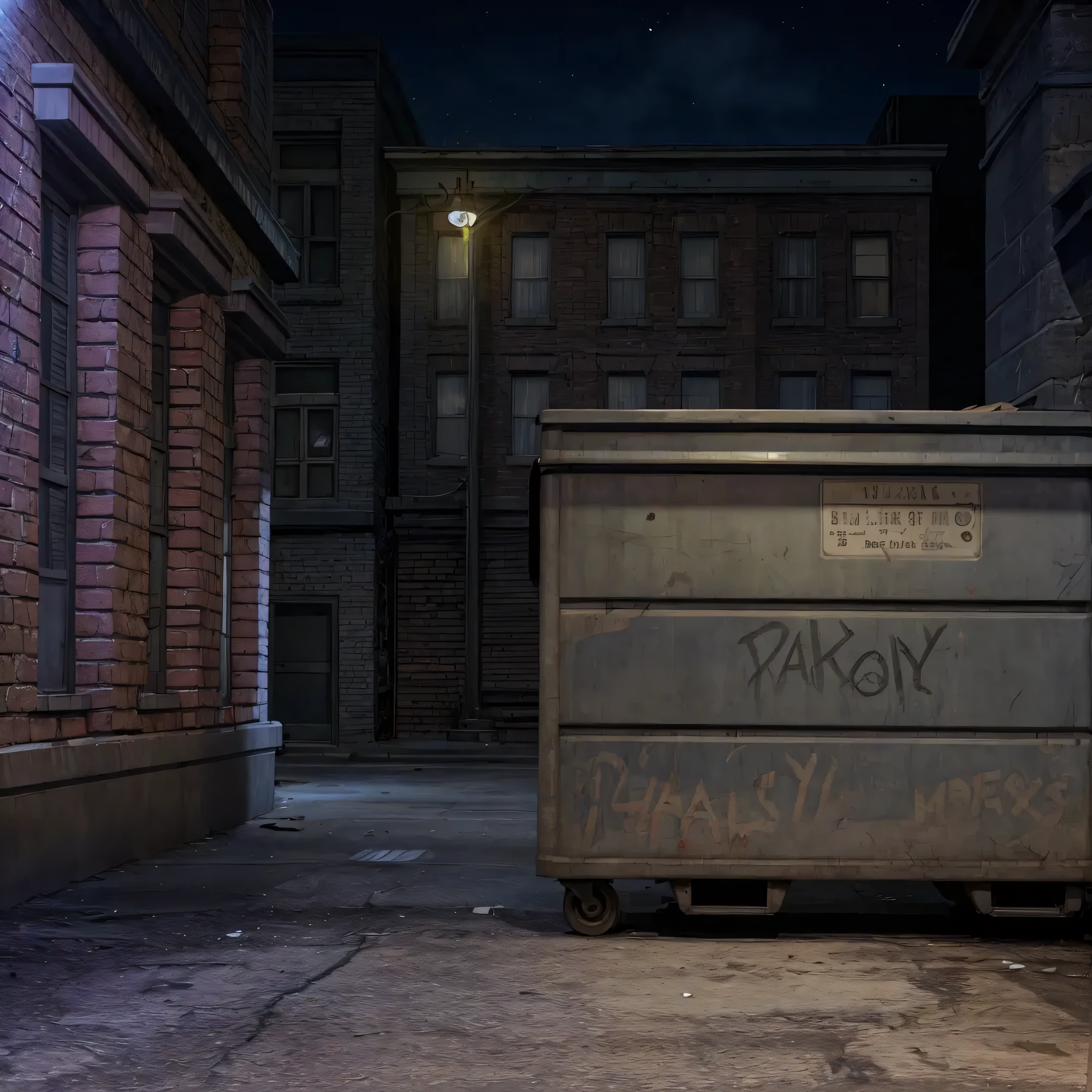 there is a dumpster that has been left in the street, grimy streets backdrop, shady dark backalley at night, location [ chicago ( alley ) ], back alley,  detailed textures and lighting, photorealistic screenshot, street background, photorealistic streetscape, [[empty warehouse]] background, realistic scene, detailed lighting and textures