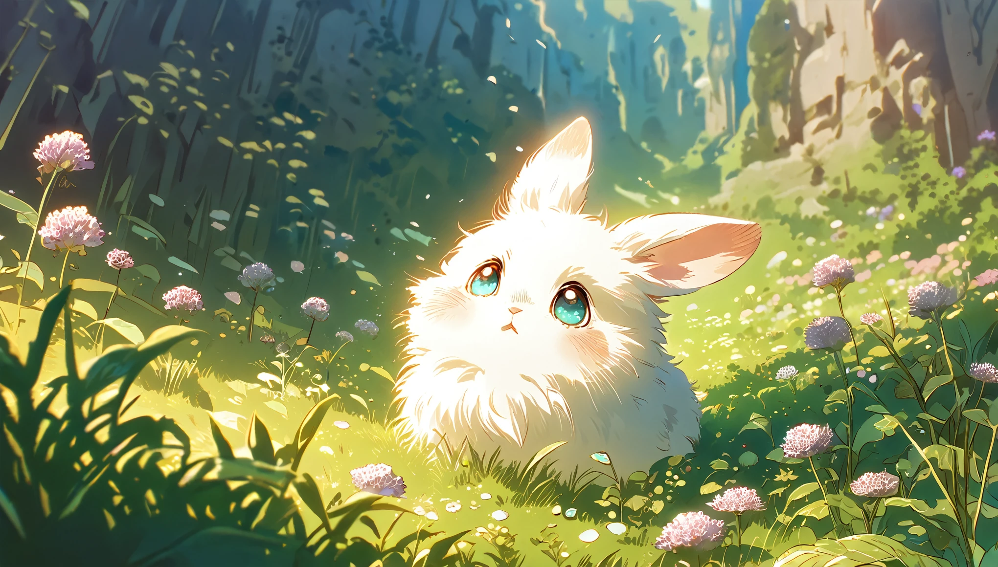 Create a close-up, animated illustration of a fluffy baby bunny sitting in a field of clover. Emphasize the soft fur, big eyes, and twitching nose of the bunny. The background should be a gentle blur of greenery, highlighting the cuteness and innocence of the baby bunny, by makoto shinkai, anime beautiful peace scene, beautiful anime scene, anime background art, anime landscape wallpaper, anime countryside landscape, anime art wallpaper 4 k, anime art wallpaper 4k, beautiful anime scenery, anime art wallpaper 8 k, amazing wallpaper , Ultrawide cozy