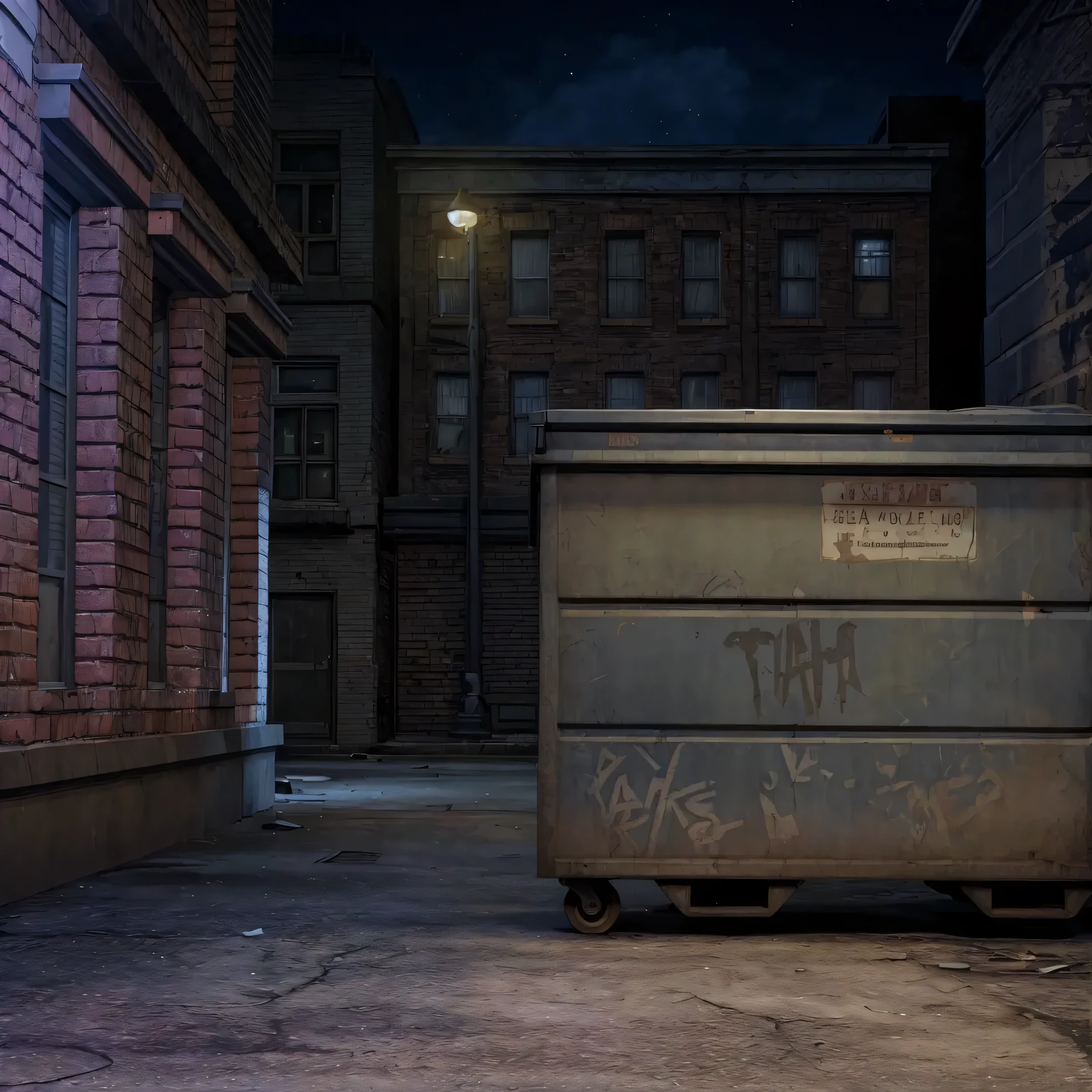 there is a dumpster that has been left in the street, grimy streets backdrop, shady dark backalley at night, location [ chicago ( alley ) ], back alley,  detailed textures and lighting, photorealistic screenshot, street background, photorealistic streetscape, [[empty warehouse]] background, realistic scene, detailed lighting and textures