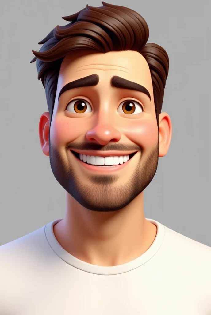 3d render , octane render, 3d cartoon,1boy, male focus, solo, facial hair, beard, brown hair, shirt, looking at viewer, brown eyes, realistic, smile, portrait, thick eyebrows, white shirt, short hair, simple background