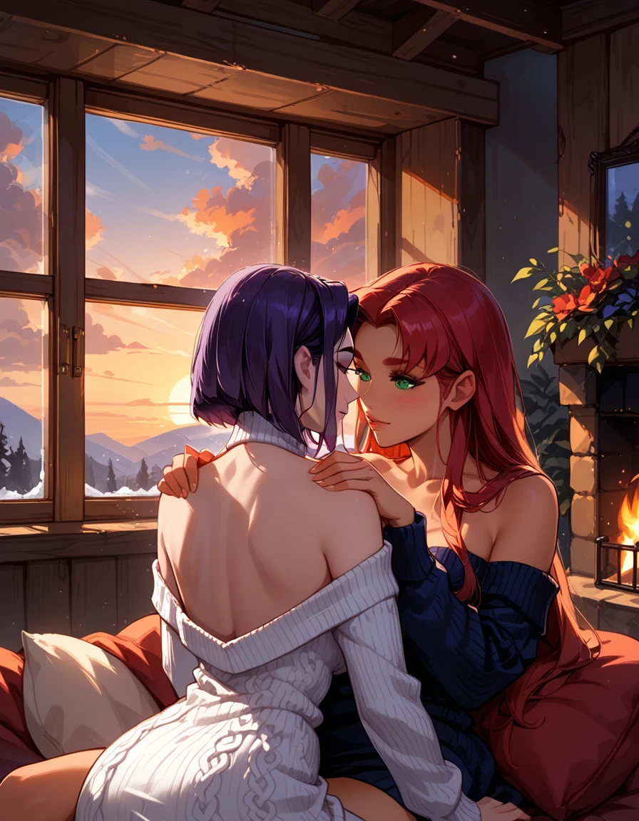 Ponytail sisters，Open-chested clothing，campfire，Unbuttoned，They are hugging each other，Midnight，Adult atmosphere，Surprised