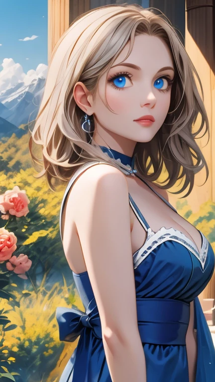 (Best Quality), (Masterpiece), (Detailed artwork), Absurd, Unreal, Magical World, Mysterious World, A world of fantasy, Psychedelic illustration art, Fantasy, Solemn atmosphere, Graphic novels, elegant, Sophisticated hand-drawn, Expressive blue eyes,  A soft smile, Silver blonde medium hair, Jewelry decoration, Large Breasts, Beautiful cleavage, Subtle changes in facial expressions and body movements,  Fill it with flowers, Bright and vibrant colours, Mountain々, Detailed landscape, 