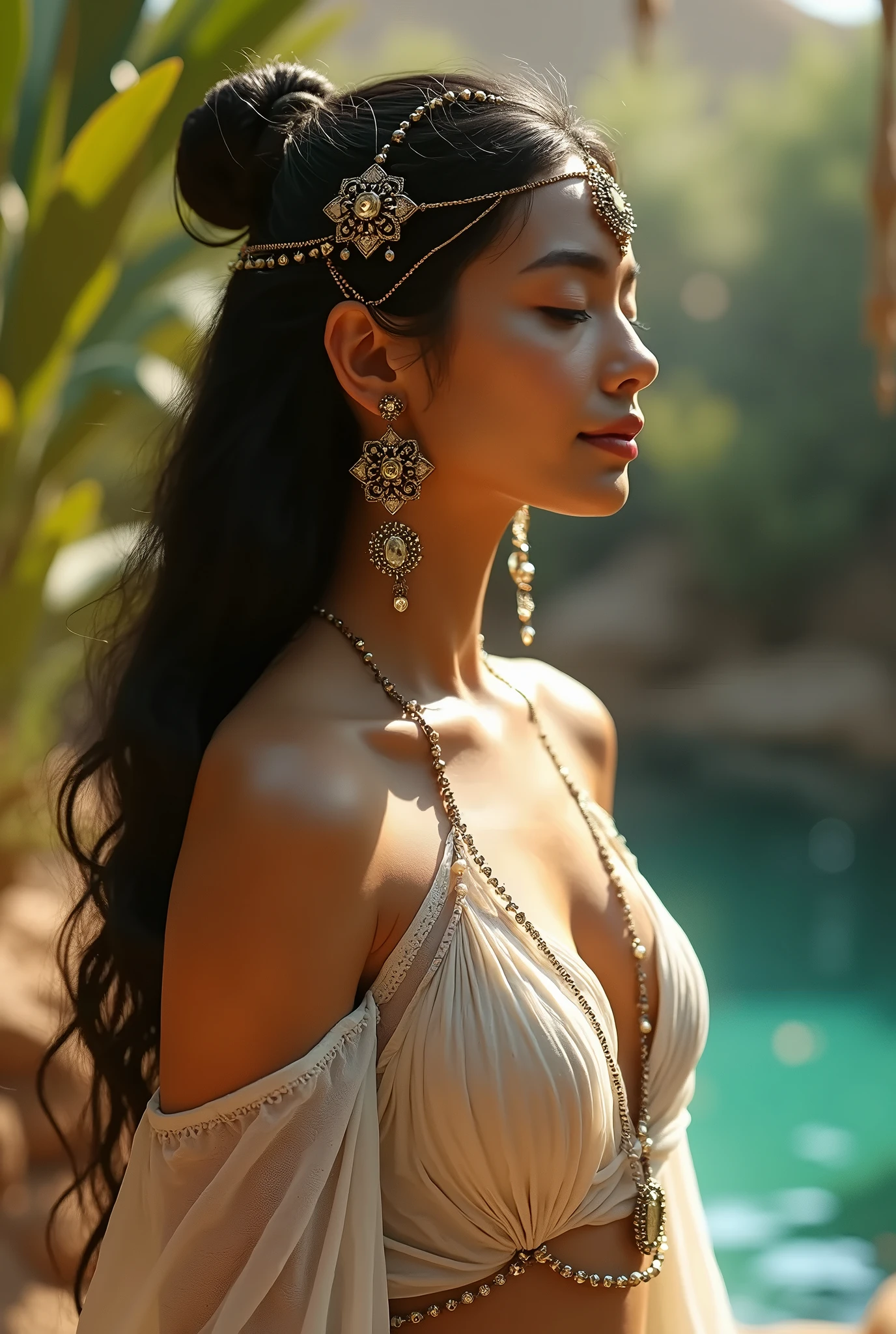 Create an ultra-realistic image of an Apsara, the celestial nymph of Hindu and Buddhist mythology, exuding unparalleled beauty and sensuality. The Apsara is depicted as a mesmerizing figure, with flawless, radiant skin that glows softly under the light. Her body is slender and perfectly proportioned, except for her breasts, which are bigger than the rest of her body., with graceful curves that embody femininity, sensuality and allure. She has a small waist that accentuates her hourglass figure, and her posture is elegant, with every movement reflecting her divine grace. Her long, flowing hair is jet black, cascading in soft waves down her back, almost touching the ground. Her eyes are large and almond-shaped, with a deep, captivating gaze that seems to hold the secrets of the universe. The eyes are a rich brown, with hints of gold that flicker in the light, adding to her otherworldly charm. Her lips are full and naturally rosy, slightly parted in a seductive smile that promises both mystery and enchantment. The Apsara is dressed in delicate and sensual, flowing garments made of sheer, shimmering fabrics that clings to her body, revealing her smooth skin and highlighting her sensual curves. The fabric is adorned with intricate gold patterns, reflecting the light and adding to her ethereal presence. She is adorned with elaborate jewelry, including golden bangles, anklets, and a tiara that crowns her head, each piece finely crafted and sparkling with gemstones. She is lying on the forest floor in a sensual way, with a poop in the background. The scene exudes an atmosphere of divine beauty, allure, and irresistible seduction, capturing the essence of an Apsara in all her heavenly splendor