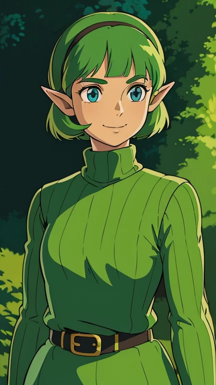 (1girl, solo, Saria (Zelda)), (extremely detailed CG unit 8k wallpaper),(master part), (best quality), (ultra detail), (best illustration),(ghibli style), cowboy shot, (Sharp eyeliner, ombre, detailed eyes:1), oasis, outdoors background, ,break,  (GHIBLI_Background), upper body, blue eyes, short hair, green hair, (swept bangs:1.2), fairy, green hairband, pointy ears, light smile, belt, green sweater, long sleeves, ribbed sweater, turtleneck, standing