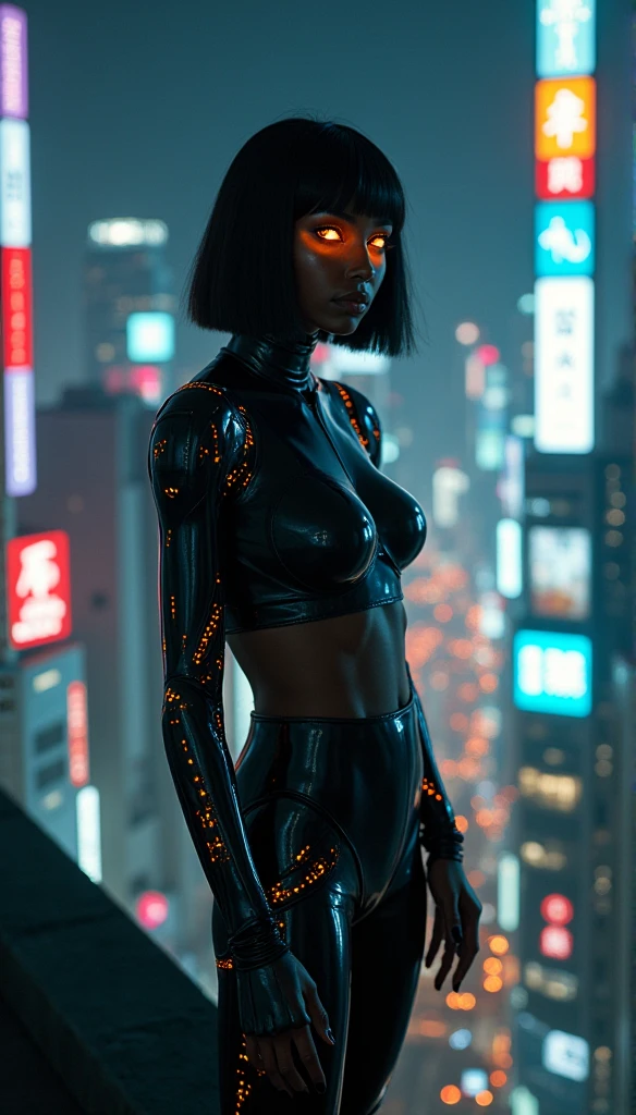 A futuristic android doll with sleek metallic skin and glowing neon accents, posed in a provocative manner on a neon-lit city street, surrounded by admiring onlookers.