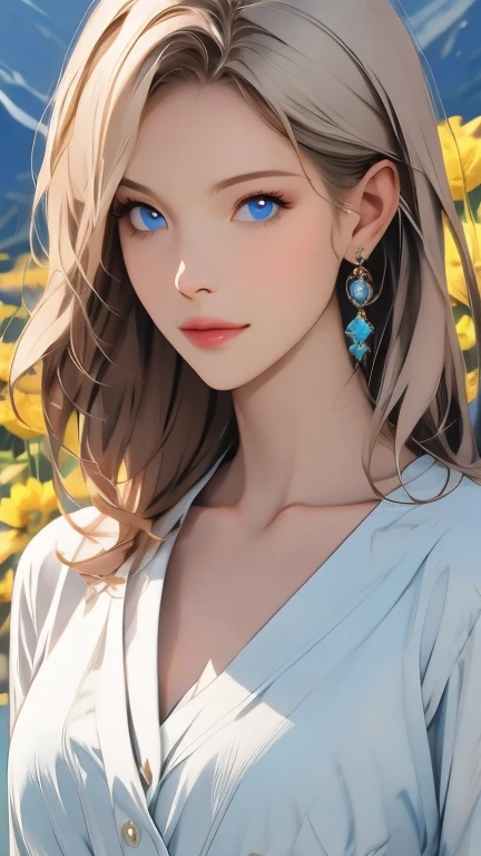 (Best Quality), (Masterpiece), (Detailed artwork), Absurd, Unreal, Magical World, Mysterious World, A world of fantasy, Psychedelic illustration art, Fantasy, Solemn atmosphere, Graphic novels, elegant, Sophisticated hand-drawn, Expressive blue eyes,  A soft smile, Silver blonde medium hair, Jewelry decoration, Large Breasts, Beautiful cleavage, Subtle changes in facial expressions and body movements,  Fill it with flowers, Bright and vibrant colours, Mountain々, Detailed landscape, 