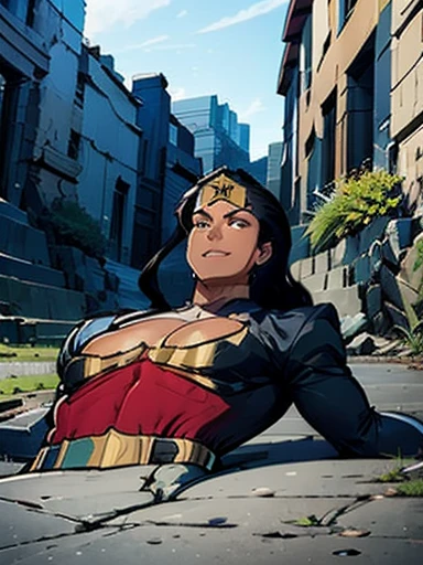 Back alley, Wonder Woman costume, handsome and cool young boy, 20s, defeated pose, lying on back, looking in pain, erect