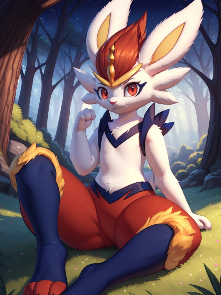 cinderace, female, full body, red eyes, (soft shading), 4k, hi res, five fingers, detailed hands, ((detailed face, (detailed eyes:1.0), detailed)), by zackarry911, by zaush, (by personalami:0.5), outside, night, grass, trees, sitting on grass, spread legs, looking at viewer, front view, rabbit tail