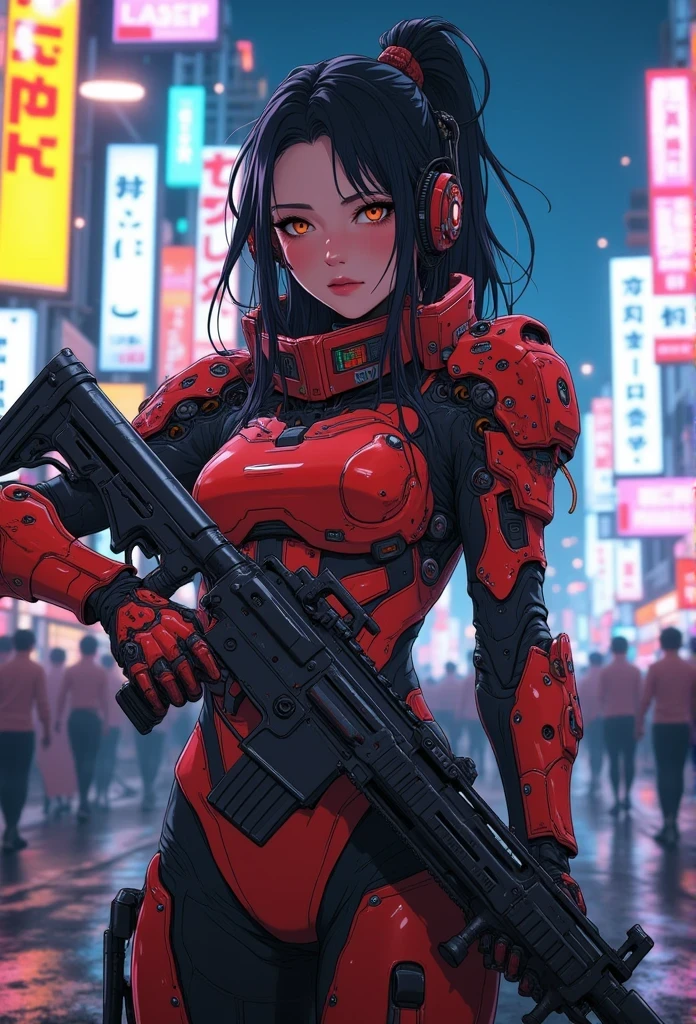 cyberpunk anime, stunning Japanese woman wearing red and black sci-fi power armour, headphones, dark eyeshadow, holding assault rifle on cyberpunk street at night, neon signs and advertising, bokeh, side lighting