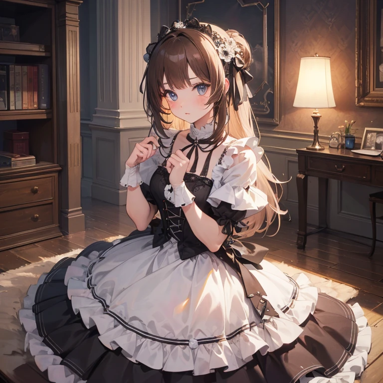 highly detailed, 8k, masterpieceOne girl, Brown frills_hair_tube, dress, bend_That&#39;s it , Green, (perfection_face), Sitting, mechanical, wonderful, Complex, Dramatic lighting, 4K, detailed_background, Caustics, full_body, (Surreal:1.3), bloom,(Beautiful lighting:1.3), Caustics, Dynamic Lighting, Beautiful lighting, (Dakota Fanning:0.5),Turning around