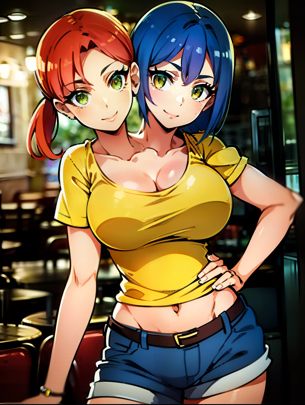 ((best quality), (high quality), (detailed), (masterpiece), good artist, (2heads:1.5), 1girl, (red hair), (blue hair), (yellow eyes), (short ponytail), casual wear, gentle smile, ((yellow t shirt)), brown short pants, a two headed woman with beautiful detailed eyes, (detailed hairstyles), strong and confident expressions, (exposed midriff), sexy girl, medium cleavage, sexy body and face, perfect body, beautiful symmetric body, sexy body, sexy girl, beautiful body and face, sexy hot body, very sexy pose, (The Café Terrace and Its Goddesses style), belt