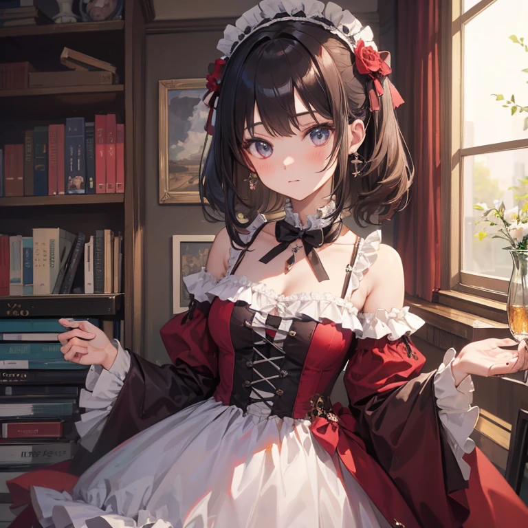 highly detailed, 8k, masterpieceOne girl, Brown frills_hair_tube, dress, bend_That&#39;s it , Green, (perfection_face), Sitting, mechanical, wonderful, Complex, Dramatic lighting, 4K, detailed_background, Caustics, full_body, (Surreal:1.3), bloom,(Beautiful lighting:1.3), Caustics, Dynamic Lighting, Beautiful lighting, (Dakota Fanning:0.5),Turning around