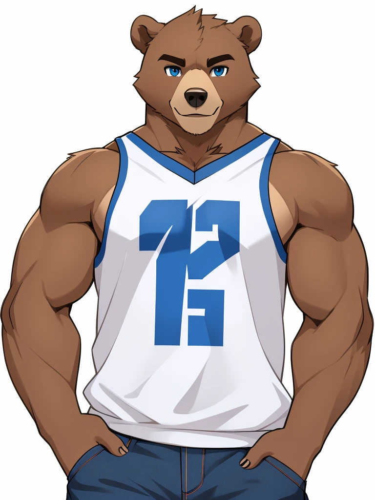 (masterpiece, 4K, ultra detailed) a bear furry, masculine, athletic, short hair, soft smile, white background, smooth lining, smooth lighting, illustration, front view, teen, anime, basketball, blue jeans, blue eyes