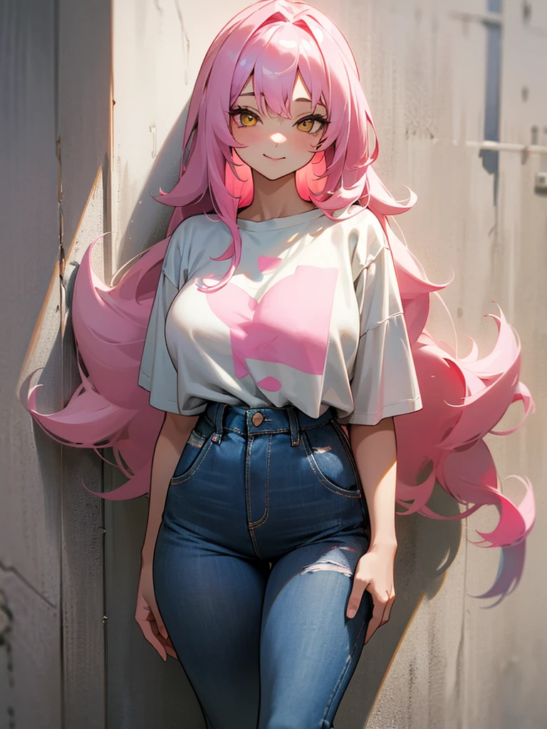 a very pretty and sexy happy girl with big tits and a white shirt. pink hair and jean anime