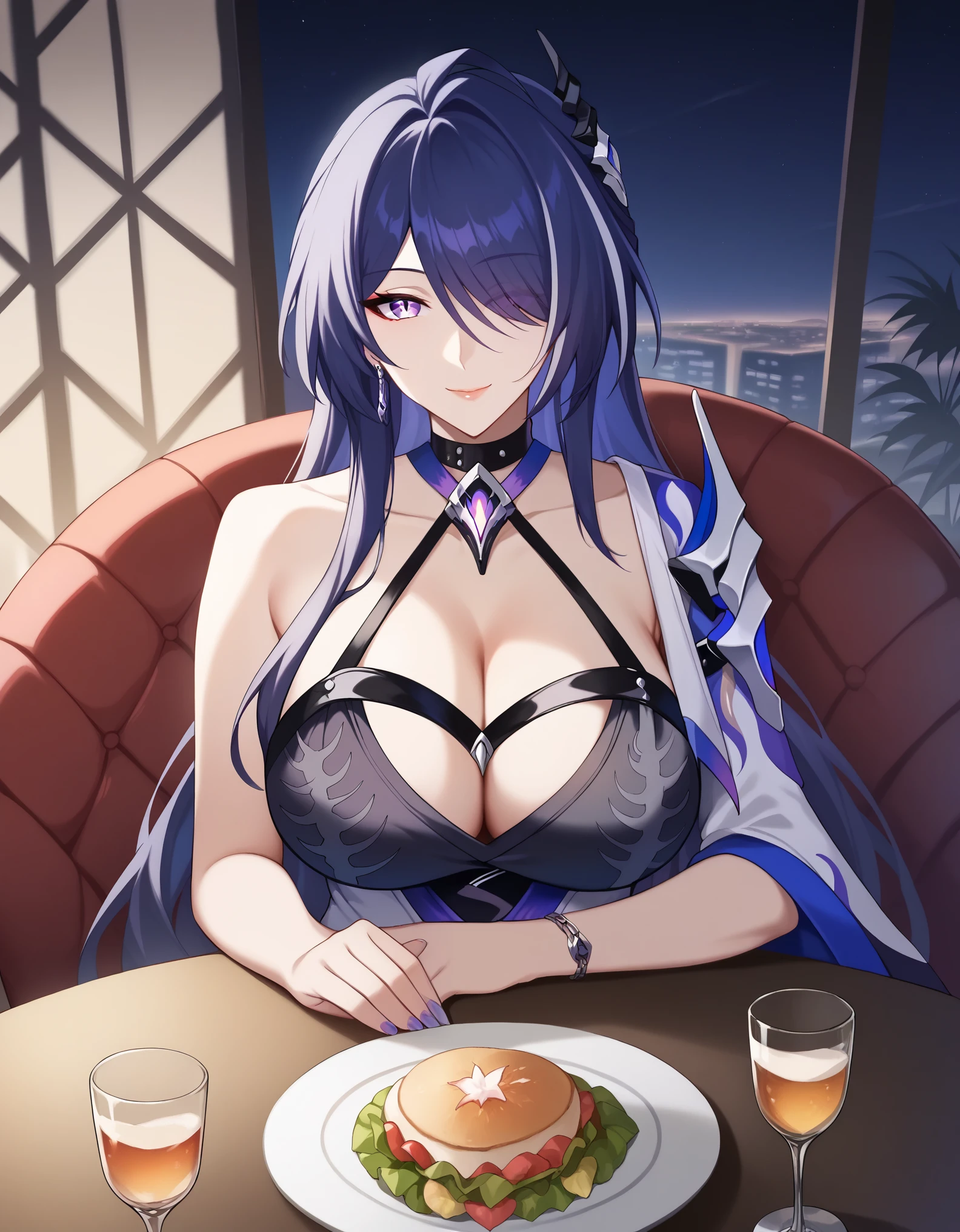 score_9, score_8_up, score_7_up, rating_safe, CONCEPT_PovDating_ownwaifu, solo,1girl, acheron_\(honkai:_star_rail\), mature female ,large breasts, looking at viewer, indoors, pov across table, sitting, upper body, chair, pov dating, Smile sweetly, night, restaurant, drinks, foods, dishes, luxurious dress, deep cleavage, bare shoulder