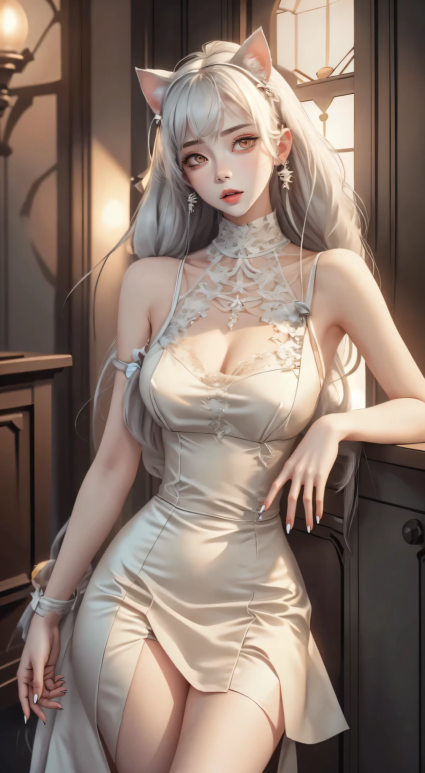 ((((masterpiece, best quality, high resolution)))), (1girl:1.5), ((long silky hair, silver hair, yellow eyes)), (medium breasts:1.2), blush, (light smile, parted lips), glow, thighs, bare shoulders, collarbone, narrow waist, (slender body figure), cleavage, wide hips, (beautiful detailed face, beautiful detailed eyes), ((satin party dress)), looking at viewer, nighttime, bedroom, ((cowboy shot))