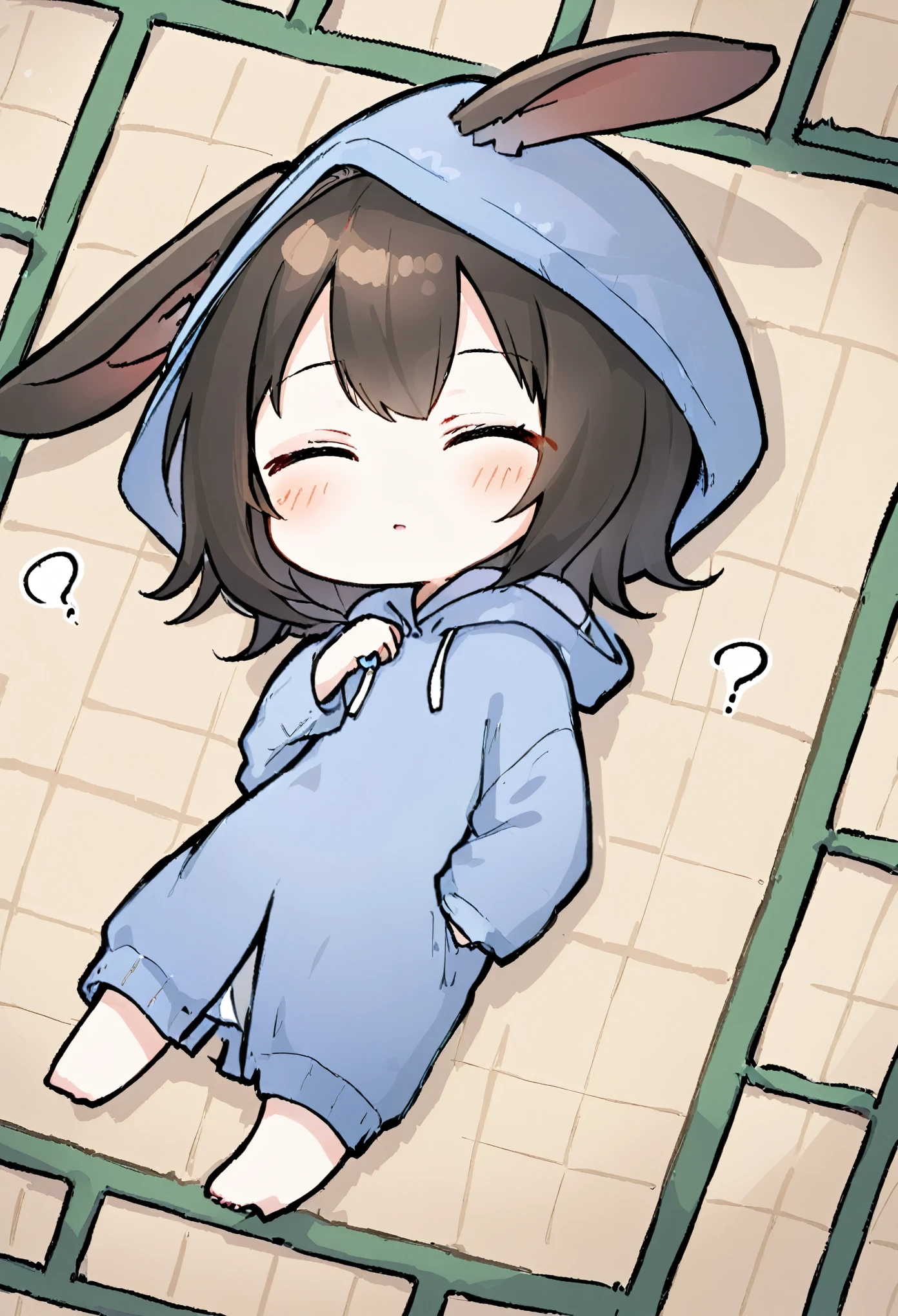 chibi,prone, sprawled out,full body,From above, a Japanese-style room, a girl wearing a hoodie, a hood with rabbit ears, lying on a tatami mat, sleeping, back of head, relaxed, Does it look dead?