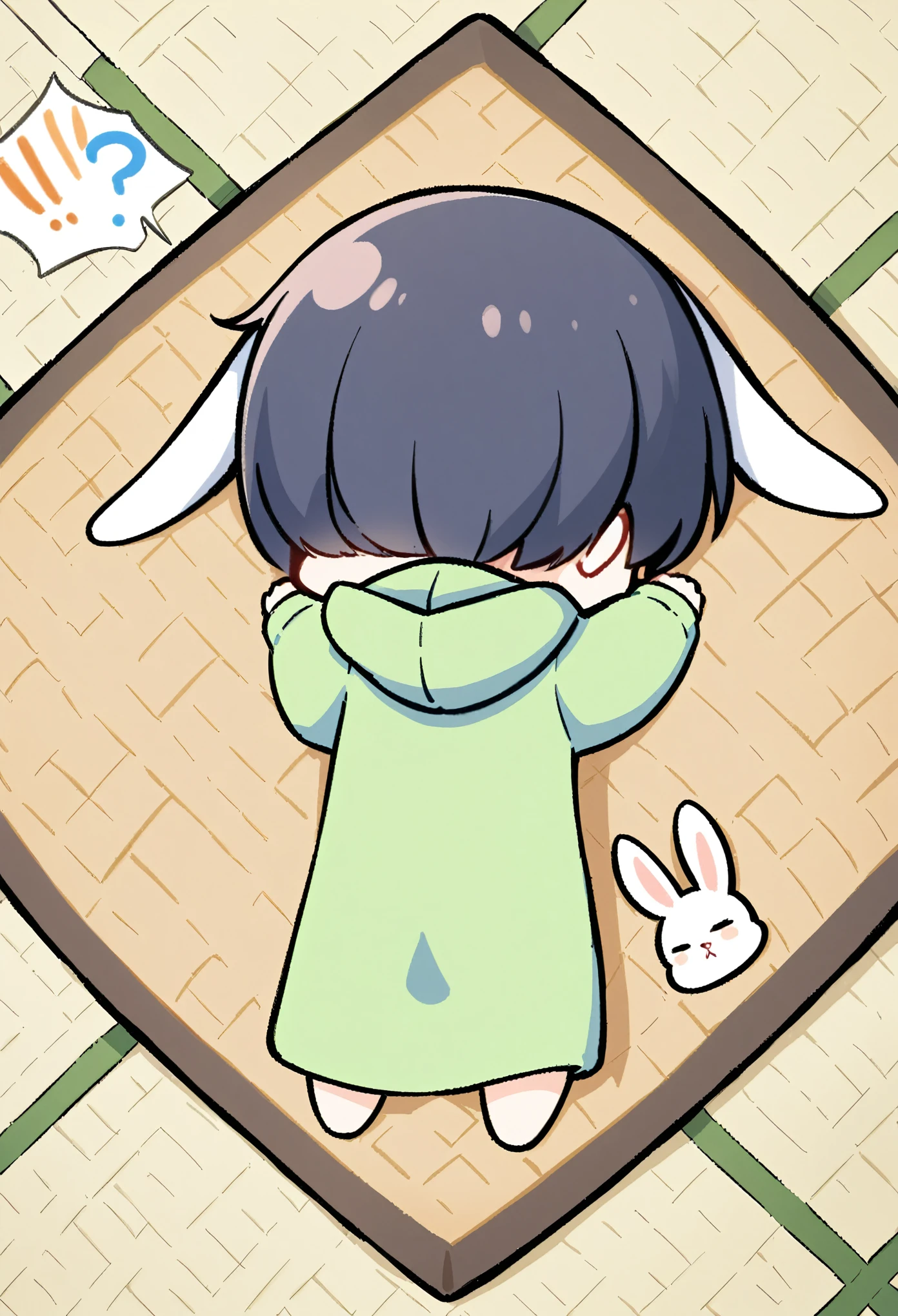 chibi,prone, sprawled out,full body,From above, a Japanese-style room, a girl wearing a hoodie, a hood with rabbit ears, lying on a tatami mat, sleeping, back of head, relaxed, Does it look dead?