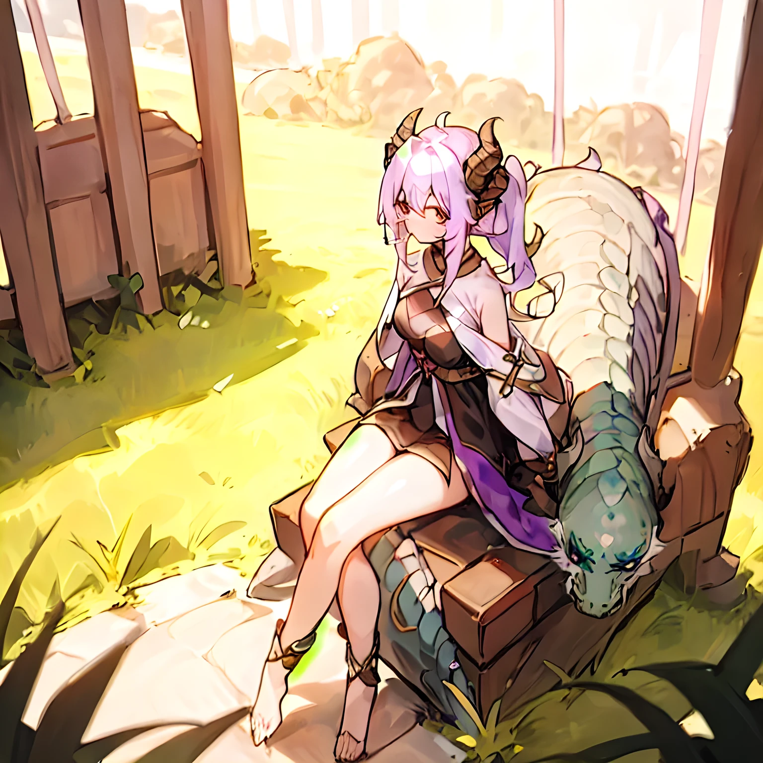 (1girl:1.5), solo, dragonian_head, dragonian_body, dragonian_hairstyle, dragonian_horns, dragonian_tail, sitting, outdoors, 