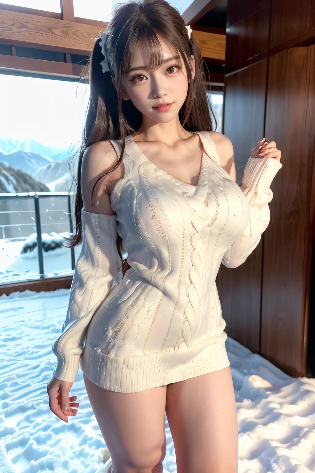 Beautiful white and shining skin、Chestnut hair that changes depending on the light、long bangs between the eyes that obstruct vision、cheek gloss highlight、sexyでとても美しい素敵なゴージャスフェイス、the most beautiful face in the world、small face beauty、golden ratio、full body shot、beautiful woman with perfect body、plump breasts、open your mouth a little、genuine、brown hair、1 person、sexy、hair blowing in the wind、long hair、natural soft light、rib knit bodycon sweater、off shoulder、胸を突き出すsexyなモデルポーズ、