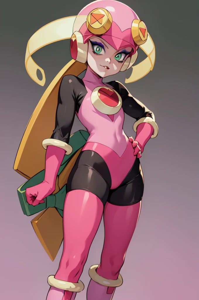 masterpiece, best quality, 1girl, evilroll, helmet, blonde hair, green eyes, eyeshadow, makeup, high heels, fang out, bodysuit, pink gloves, pink boots, hands on hips, simple background 