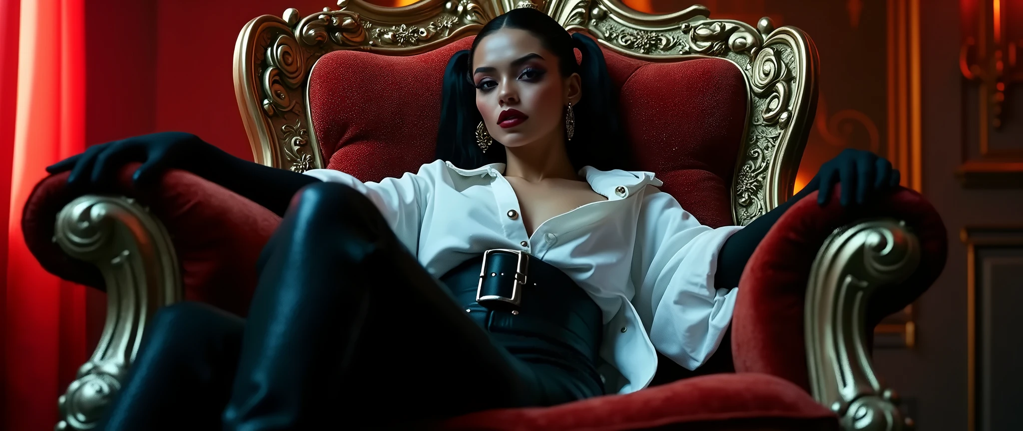 4k ultra realistic high quality 3d model of gorgeous beautiful Indian girl (Punjabi mix himachali) sitting on couch in the center of the professional fashion photoshoot in the professional studio with white background sheet, She looked stunning in her tight salwar and kameez suit that perfectly accentuated her curves, and a pair of thigh-high black patent leather boots that added an edge to her style. Her wedding necklace glinted in the sunlight, and the red bangles on her wrists clinked softly as they moved. Her silky straight long hairs are untied. With aesthetic studio lights and shadows. photoreal image. Boss girl attitude.  Husband on leash  licking her boots cleaning  them. Photorealistic. Detailed and attractive. Femdom domina.