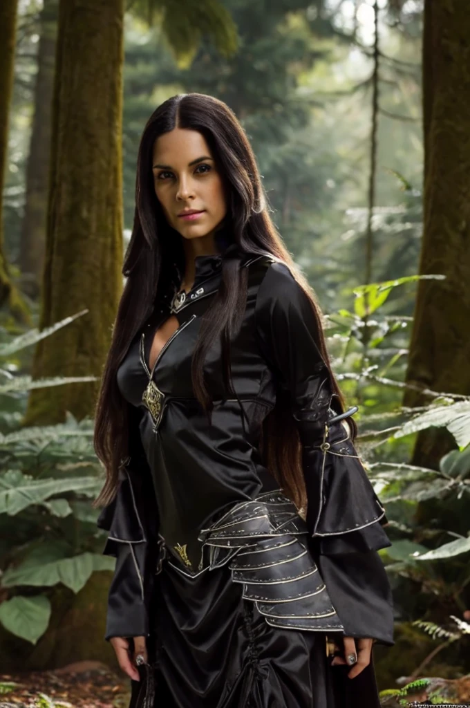 female dark elf, long straight hair, ultra detailed face and eyes, hyperrealistic, realistic depiction, 30 years old, standing in a forest, pretty face