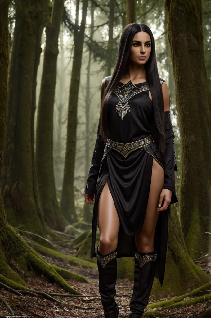 female dark elf, long straight hair, ultra detailed face and eyes, hyperrealistic, realistic depiction, 30 years old, standing in a forest, pretty face