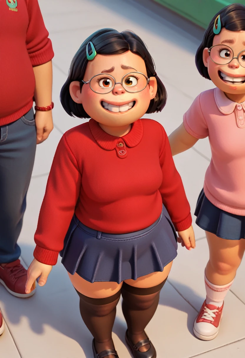 Mei Lee,

(((Small body))), tiny, chubby, black hair, hairpin, glasses, red sweater, pink shirt, stockings, skirt, smiling, 
 
score_9, score 8, score 7, score 6,

1 single, girl, medium breasts, 

Looking at viewer, view from above, man's perspective,
get on the bus, say hello,