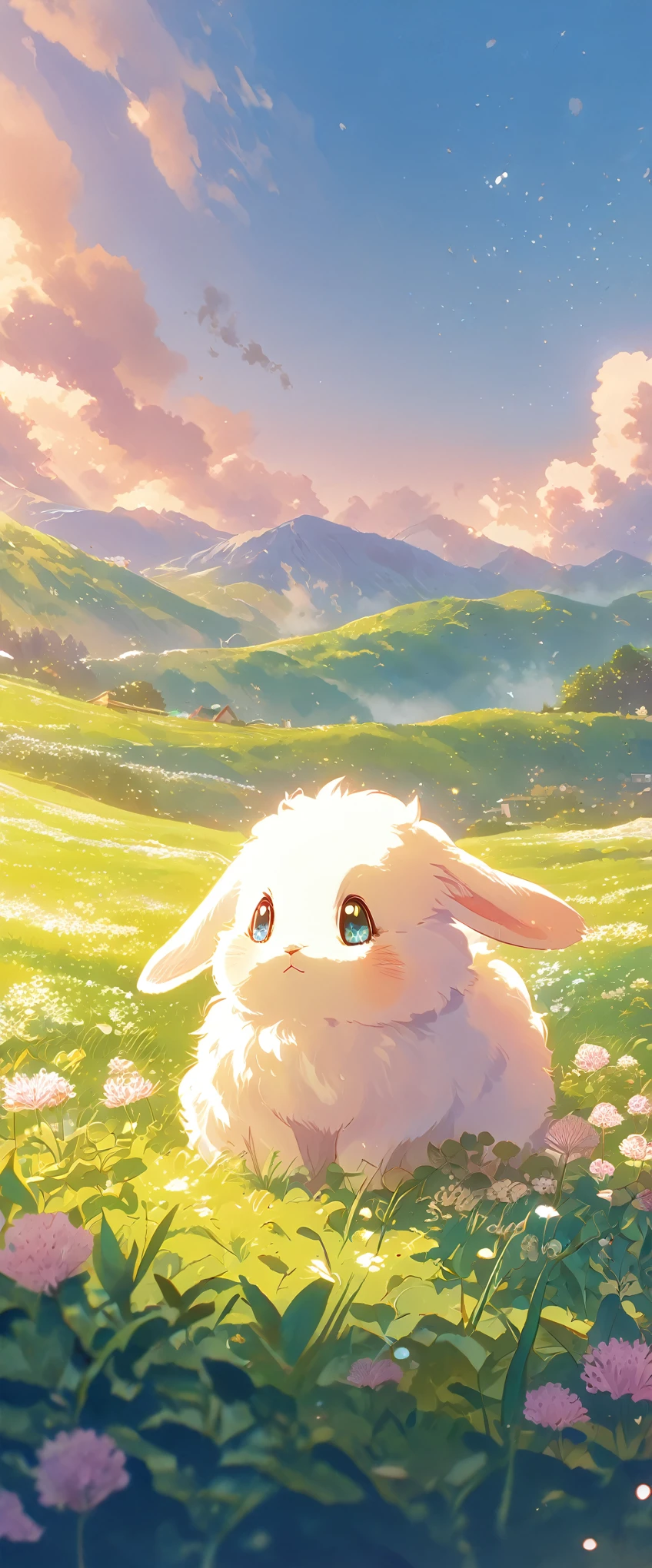 Create a close-up, animated illustration of a fluffy baby bunny sitting in a field of clover. Emphasize the soft fur, big eyes, and twitching nose of the bunny. The background should be a gentle blur of greenery, highlighting the cuteness and innocence of the baby bunny, by makoto shinkai, anime beautiful peace scene, beautiful anime scene, anime background art, anime landscape wallpaper, anime countryside landscape, anime art wallpaper 4 k, anime art wallpaper 4k, beautiful anime scenery, anime art wallpaper 8 k, amazing wallpaper , Ultrawide cozy , Wide Angle