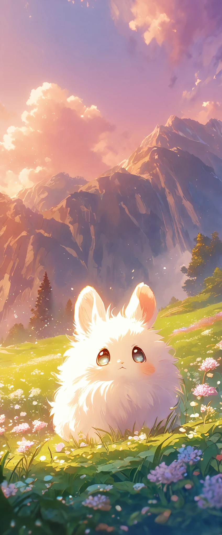 Create a close-up, animated illustration of a fluffy  bunny sitting in a field of clover. Emphasize the soft fur, big eyes, and twitching nose of the bunny. The background should be a gentle blur of greenery, highlighting the cuteness and innocence of the baby bunny, by makoto shinkai, anime beautiful peace scene, beautiful anime scene, anime background art, anime landscape wallpaper, anime countryside landscape, anime art wallpaper 4 k, anime art wallpaper 4k, beautiful anime scenery, anime art wallpaper 8 k, amazing wallpaper , Ultrawide cozy , Wide Angle