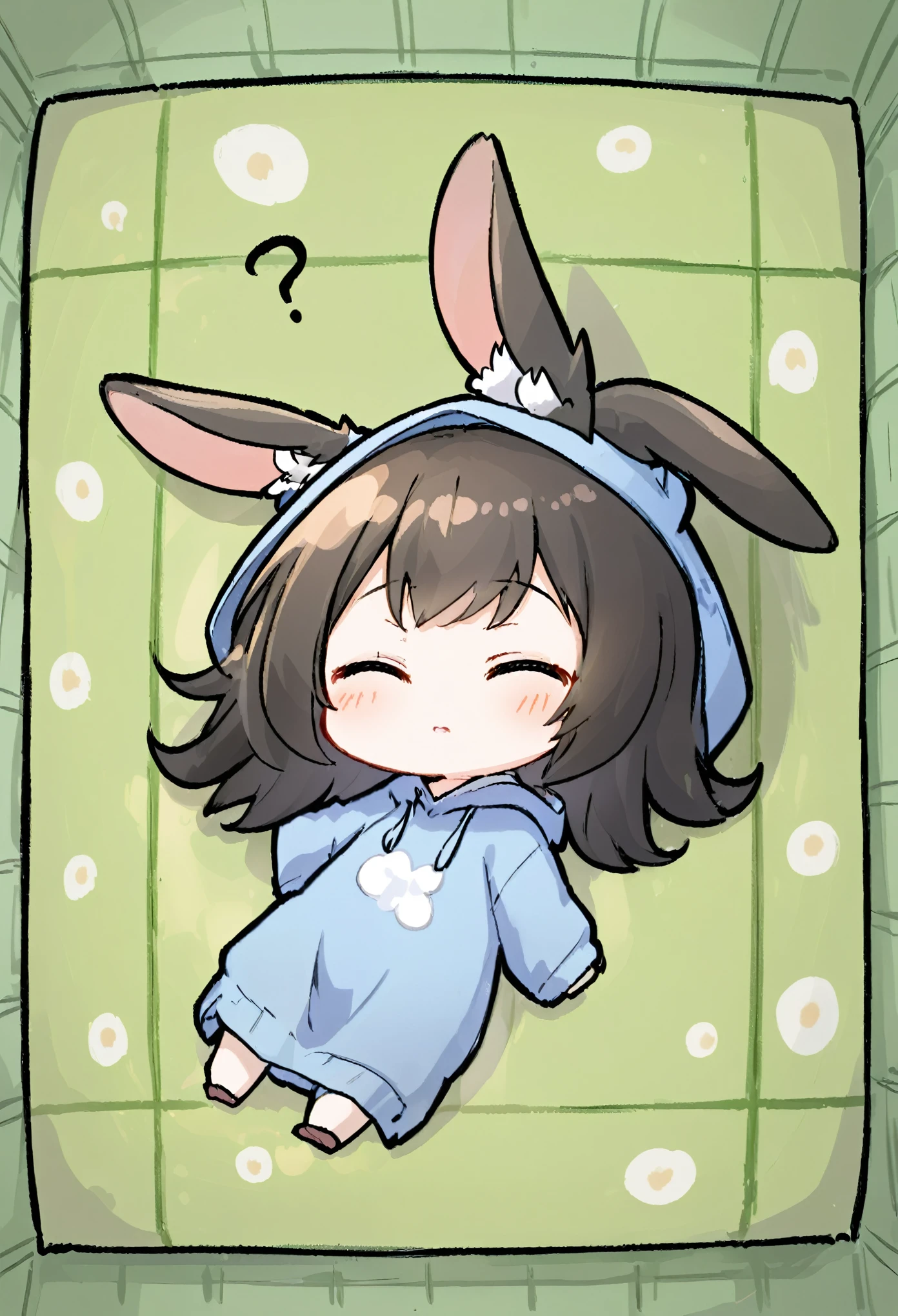 chibi,prone, sprawled out,full body,From above, a Japanese-style room, a girl wearing a hoodie, a hood with rabbit ears, lying on a tatami mat, sleeping, back of head, relaxed, Does it look dead?