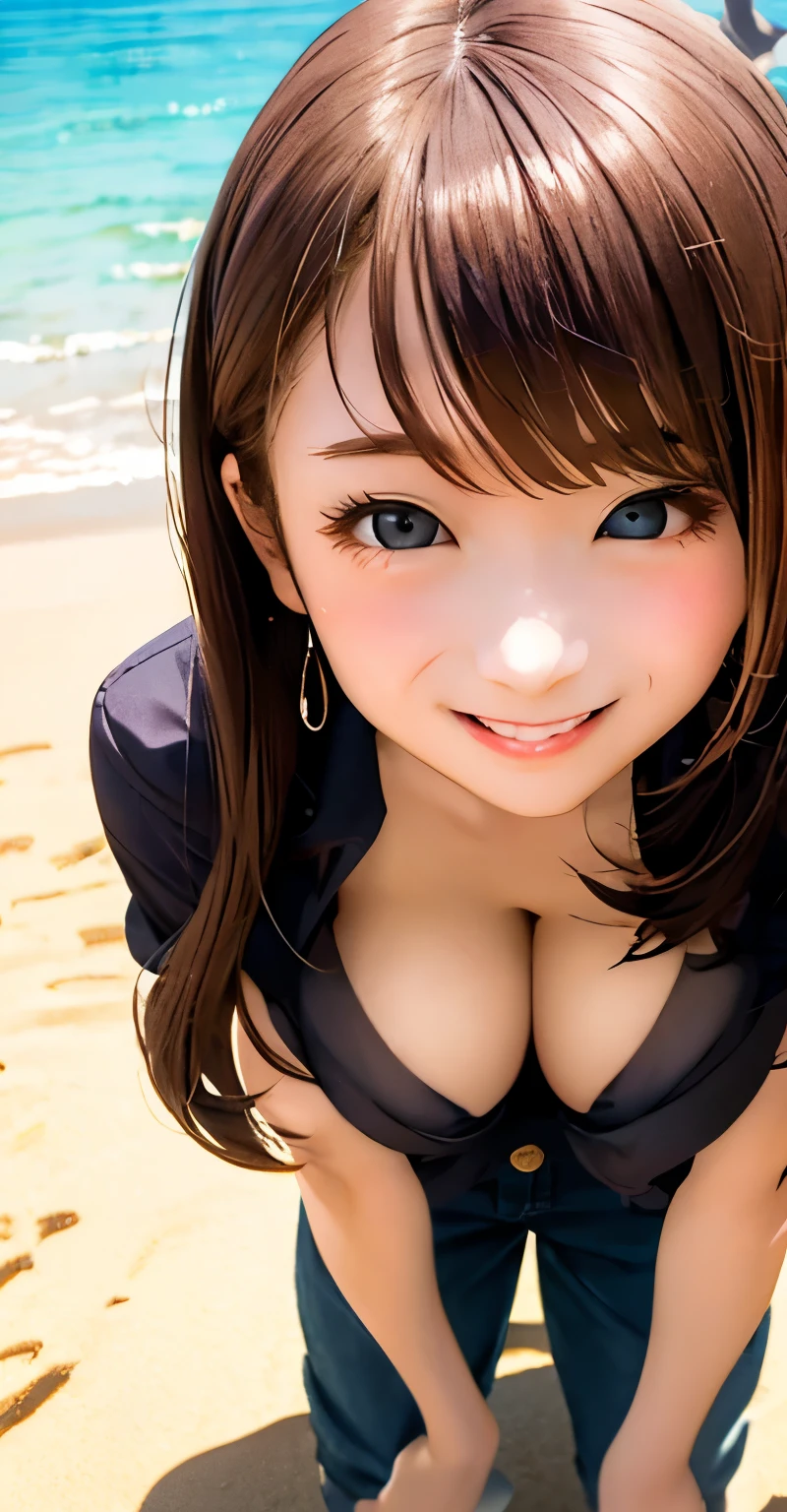 Anime illustration、Best Quality、Short and clever high school student、Hot pants、Sandy Beach、Perfect balance、(((Overwhelmingly large breasts)))、beautiful, Shining Eyes、Blushed、smile、High angle、