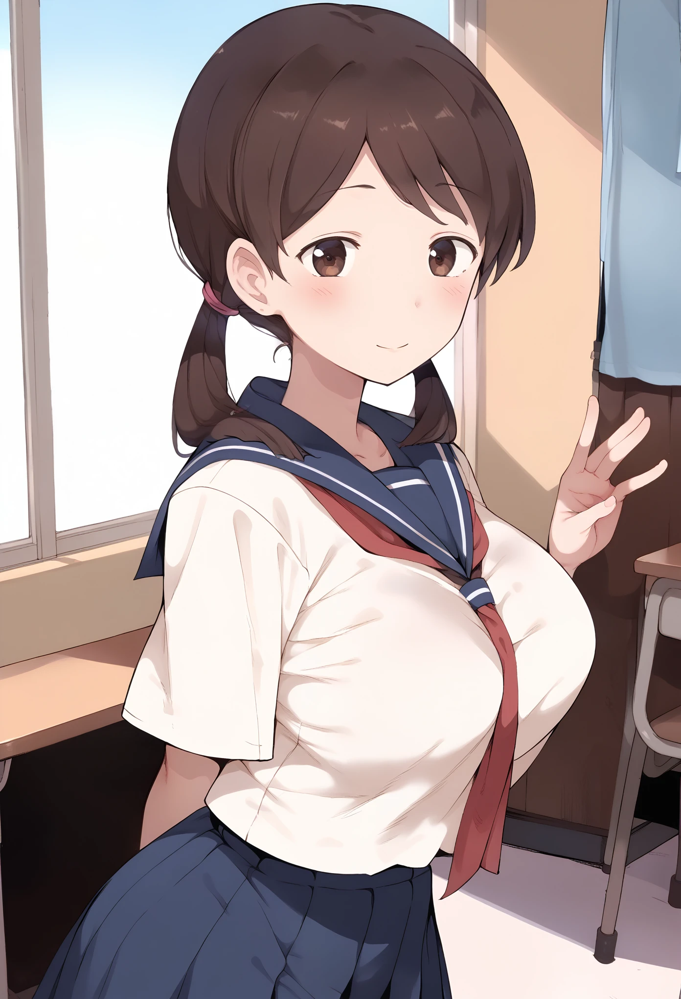 score_9, score_8_up, score_7_up, nsfw, (Terasu MC style, nao_\(terasu_mc\)), (1girl, solo), (brown hair, low twintails), (school uniform, sailor suit), large breasts