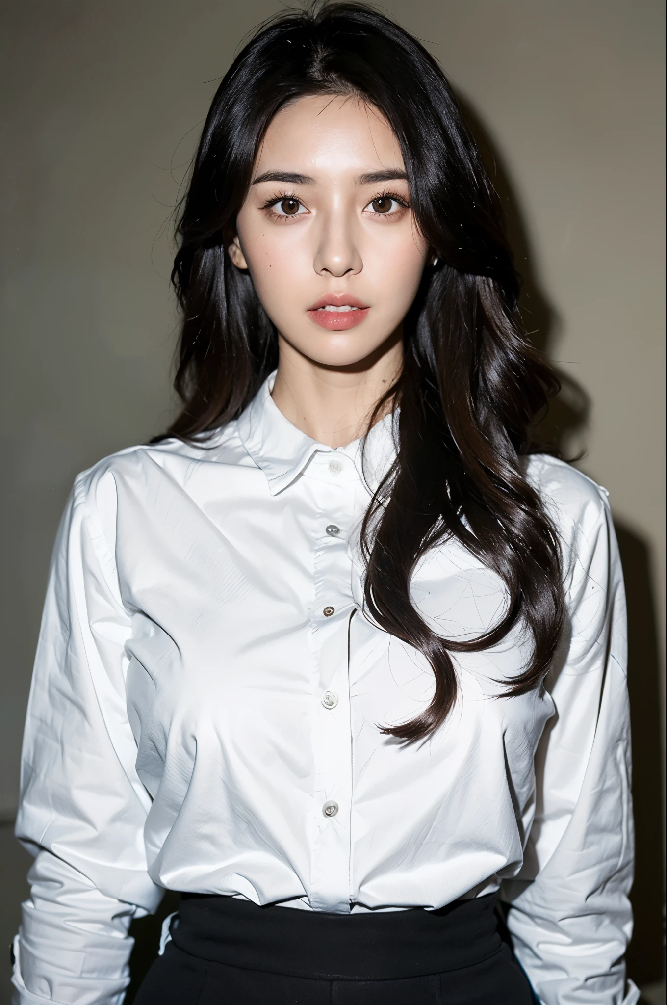 best quality,masterpiece,(available light:1.2),(realistic:1.2),1girl,solo,black eyes,long black hair,white shirt,(half body:1.2),