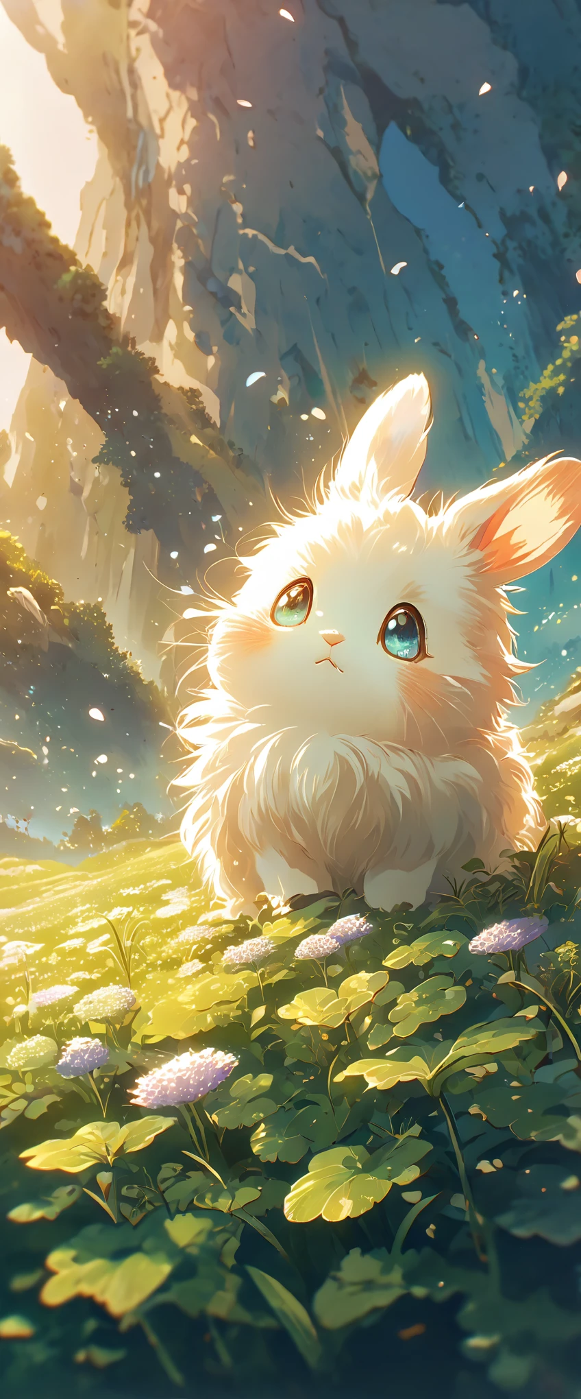 Create a close-up, animated illustration of a fluffy baby bunny sitting in a field of clover. Emphasize the soft fur, big eyes, and twitching nose of the bunny. The background should be a gentle blur of greenery, highlighting the cuteness and innocence of the baby bunny, by makoto shinkai, anime beautiful peace scene, beautiful anime scene, anime background art, anime landscape wallpaper, anime countryside landscape, anime art wallpaper 4 k, anime art wallpaper 4k, beautiful anime scenery, anime art wallpaper 8 k, amazing wallpaper , Ultrawide cozy , Wide Angle